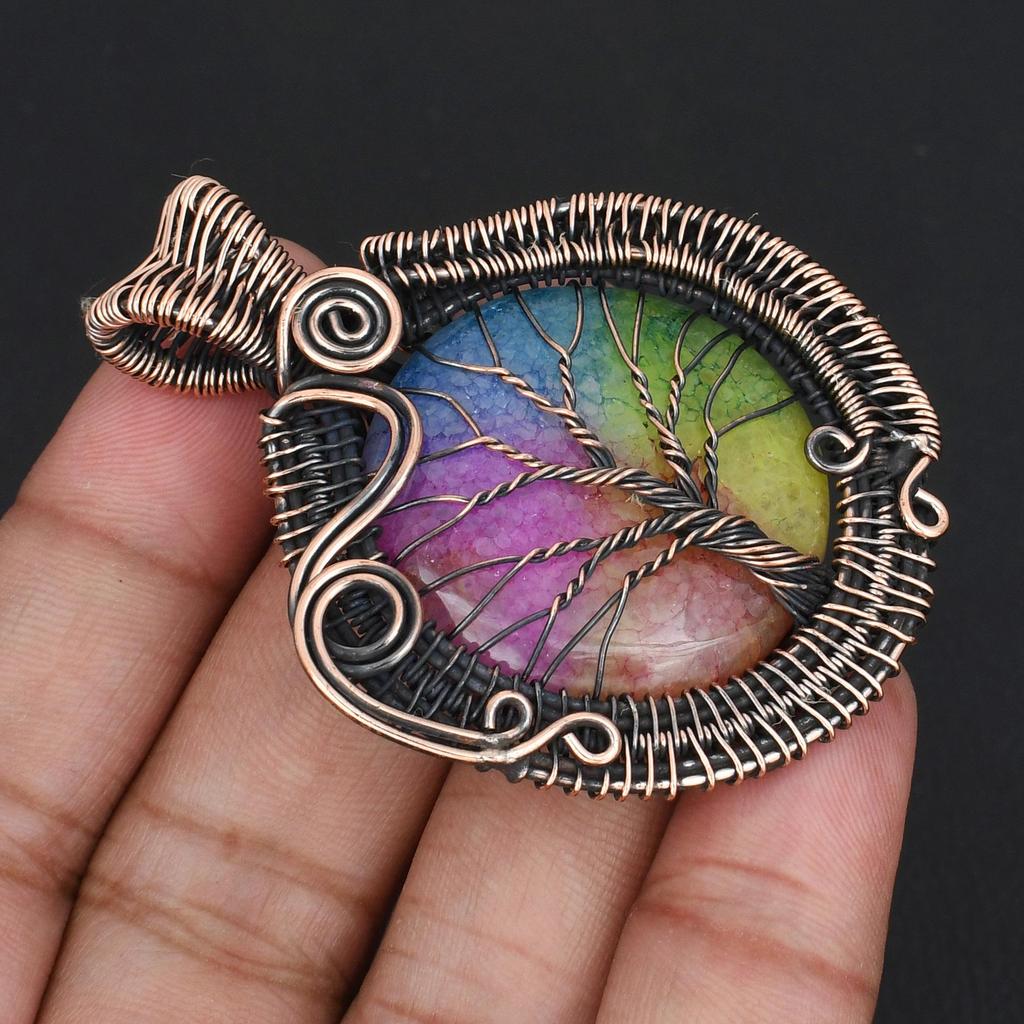 Rainbow Solar Quartz Gemstone Tree of Life Pendant Handmade Copper Wire Wrapped Boho Necklace Healing Crystal Jewelry