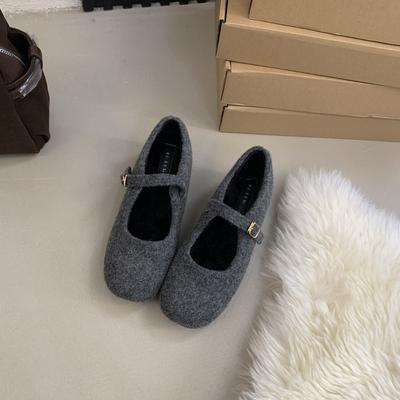2025 Autumn and Winter New Round Head Woolen Wool Velvet Inner Slope Heel One Word Buckle Shallow Mouth Ballet Commuter Women's Shoes