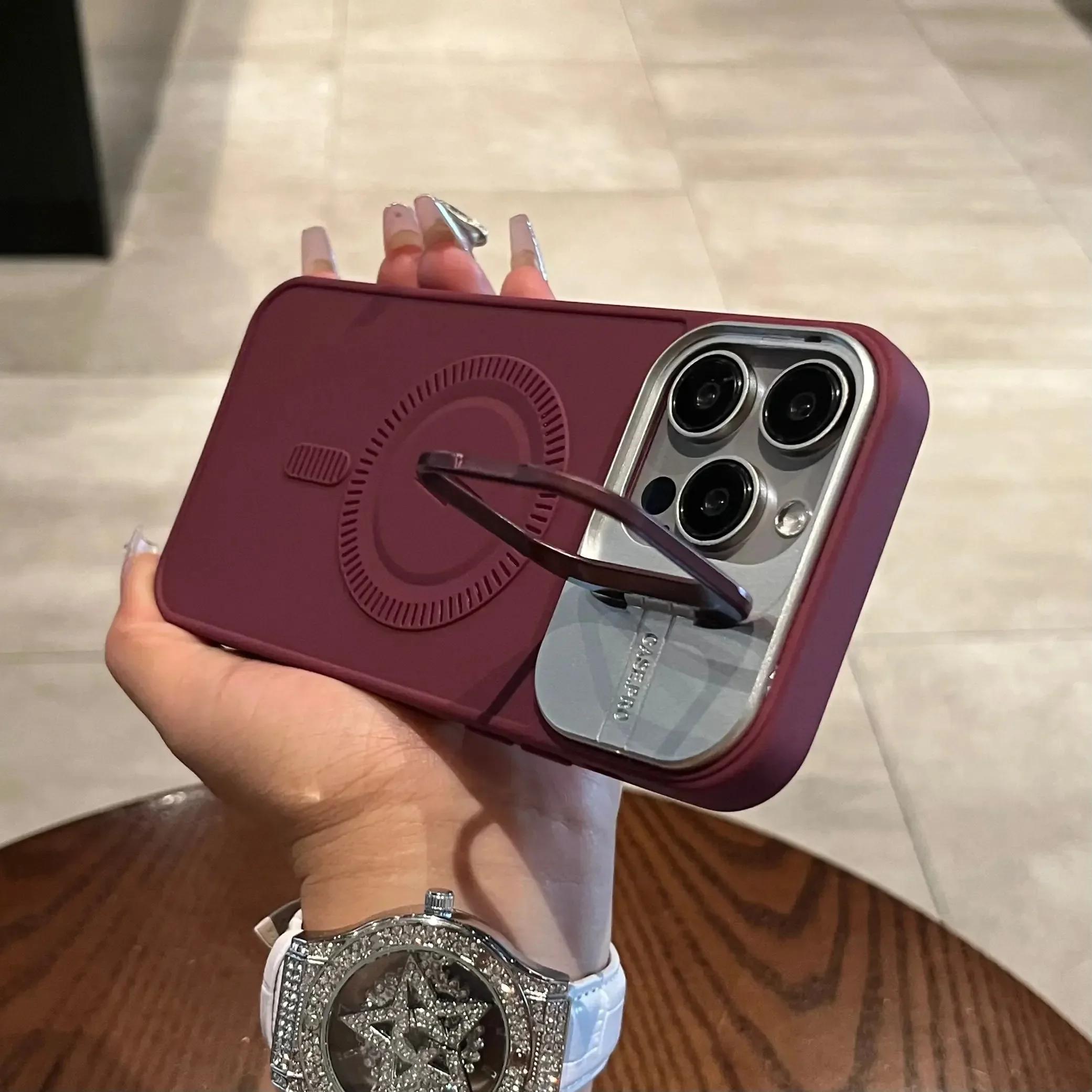 

Stand Case for For Iphone 16 15 14 Plus 13 12 11 Pro Max Cover Magnetic for Magsafe Wireless Charge Camera Lens Holder Soft Matte For iPhone 11Pro max