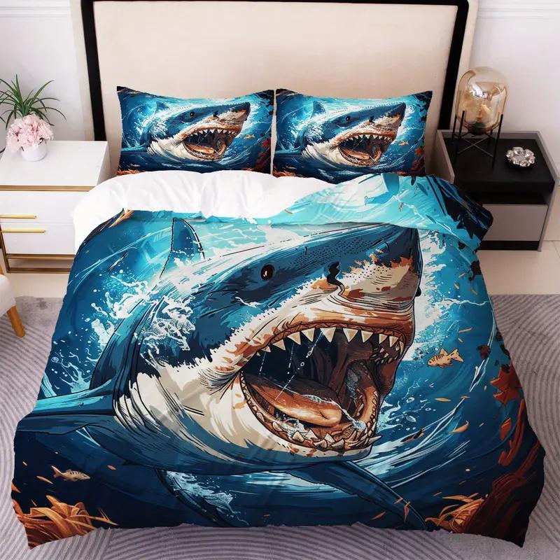 Comforter 2/3Pcs Oceanic Shark Bedding Set High-Definition Digital Print Duver 3D Pattern Soft & Skin-Friendly Bedroom