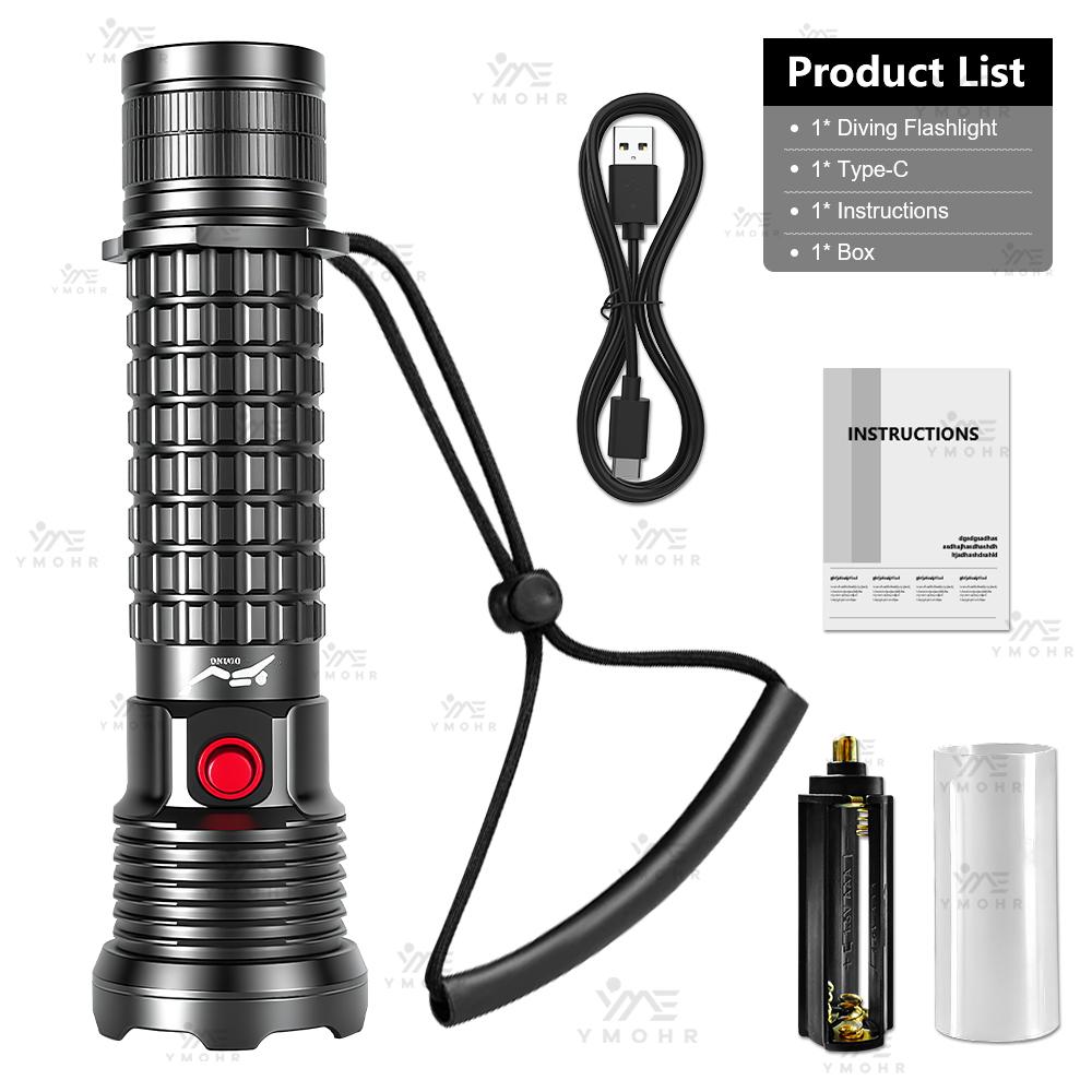 Professional Diving Flashlight Rechargeable USB Underwater Dive Lantern IPX8 Waterproof Dive Torch Lights For Fishing Submarine
