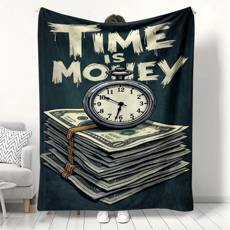 Clock and Cash Combination Flannel Printed Blanket Suitable for All Seasons Suitable for Living Room Office Sofa and Travel