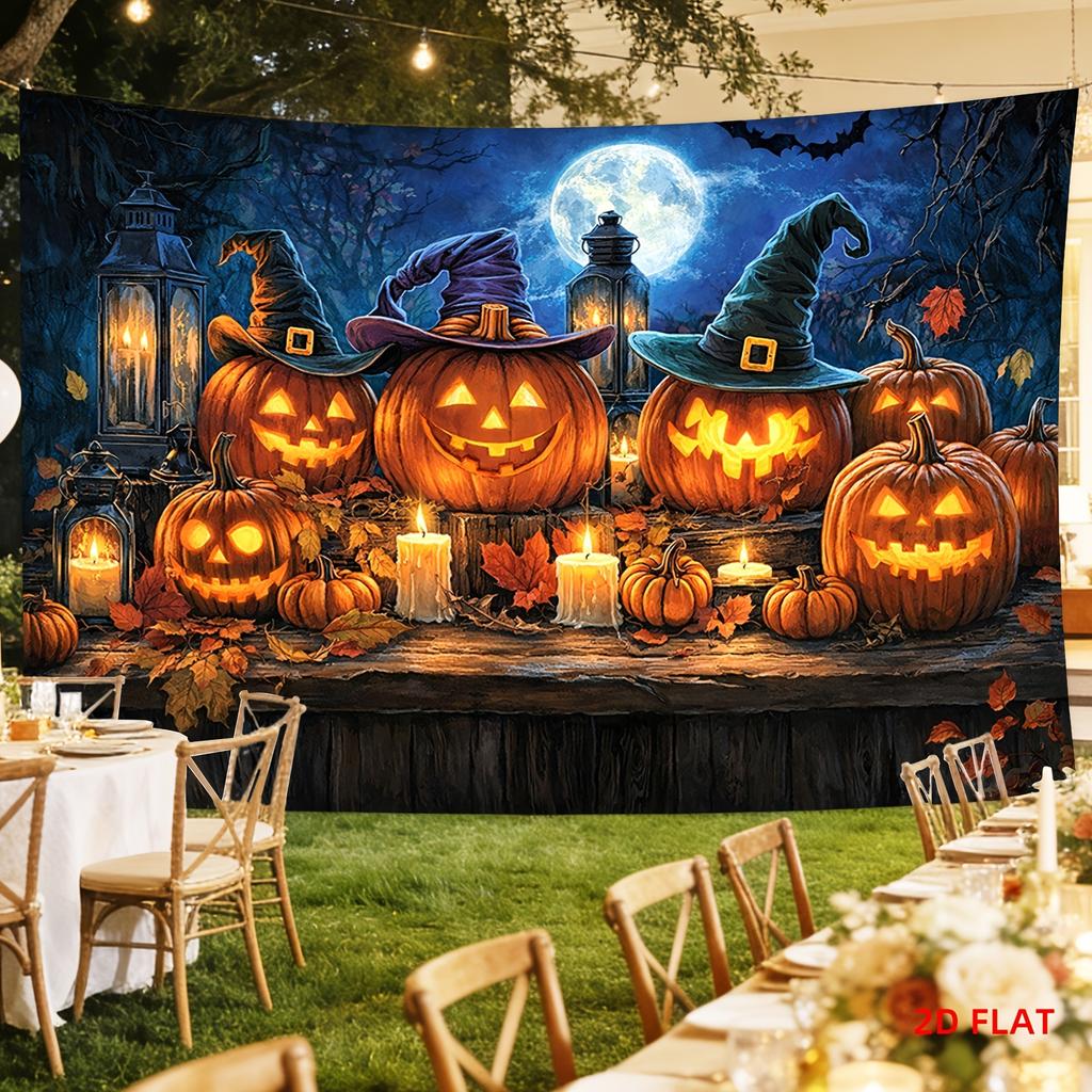2D Flat - 2D Flat - Halloween Pattern Tapestry Display Pumpkin Candles Witch For Decor Living Room Office Party Decor Wall