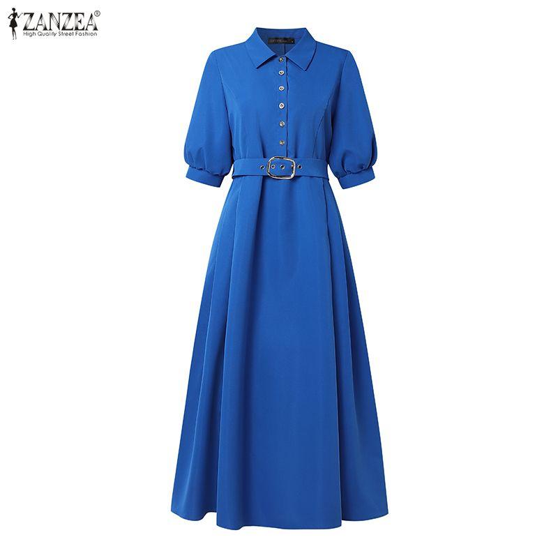 ZANZEA Damen Freizeitkleid Sommer Halbsleeve mit Umlegekragen