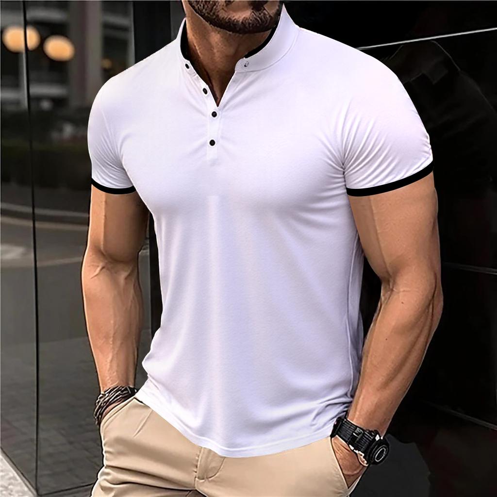 Men's Casual and Fashionable Solid Color Short Sleeved Stand Up Collar T-shirt Summer Versatile and Comfortable Top