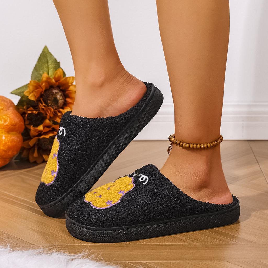Women's Halloween Printed Plush Warm Cotton Slippers Fashionable And Casual Home Slip Closed Toe Womens Ballet Slippers Velour