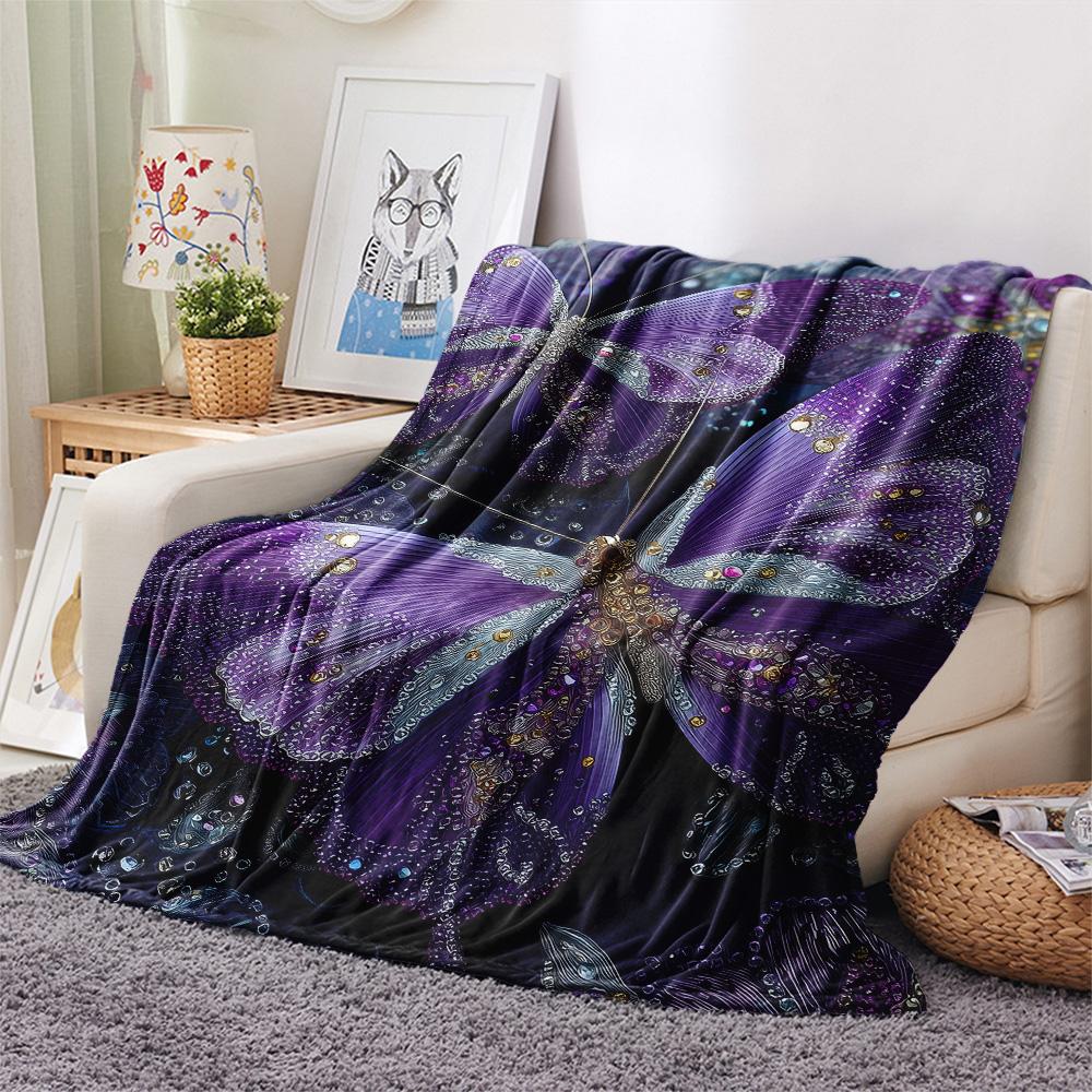 Purple Flower Butterfly  Print Flannel Blanket, High quality Comfortable for All Seasons, Home Decor, Warmth and Comfort