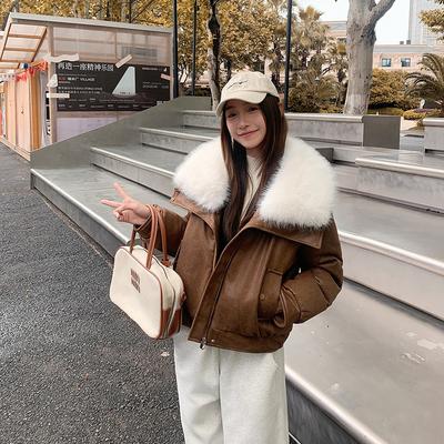 Women Short Large Fur Collar Winter Warm Padded Cotton Coat Elegant Commute Outerwear