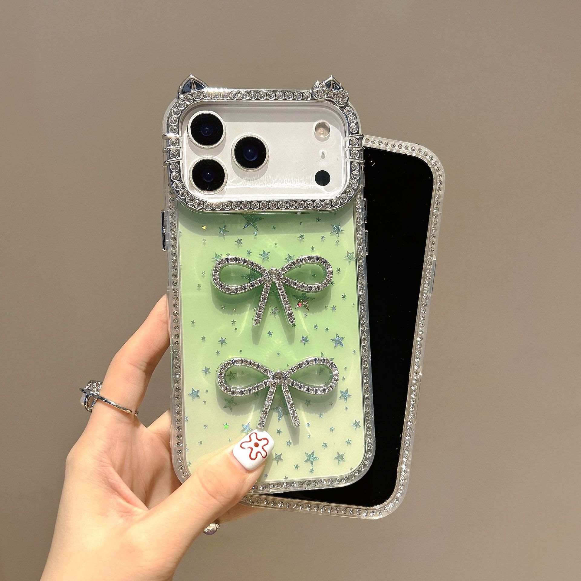 

Flash Diamond for IPhone17Promax Phone Case for Apple 16 Bowknot 15 Cute Cat s Ears (Steamed Cat-ear Shaped Bread) Luxury Soft Shell For iPhone11