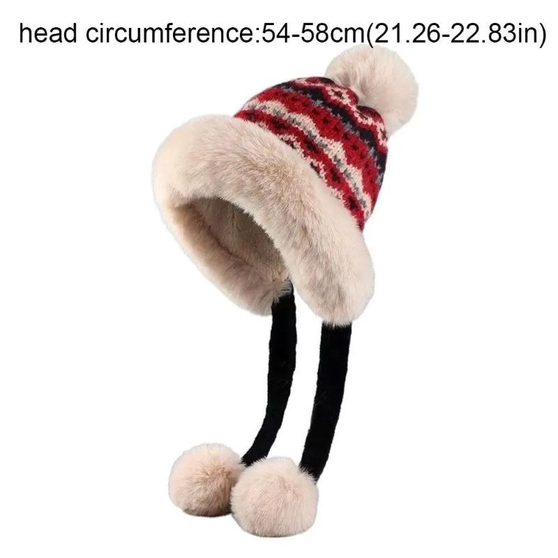 Fashion Thick Knitted Plush Hat Warm Ball Ear Protection Hat Windproof Ethnic Style Pullover Beanie Hat Girls