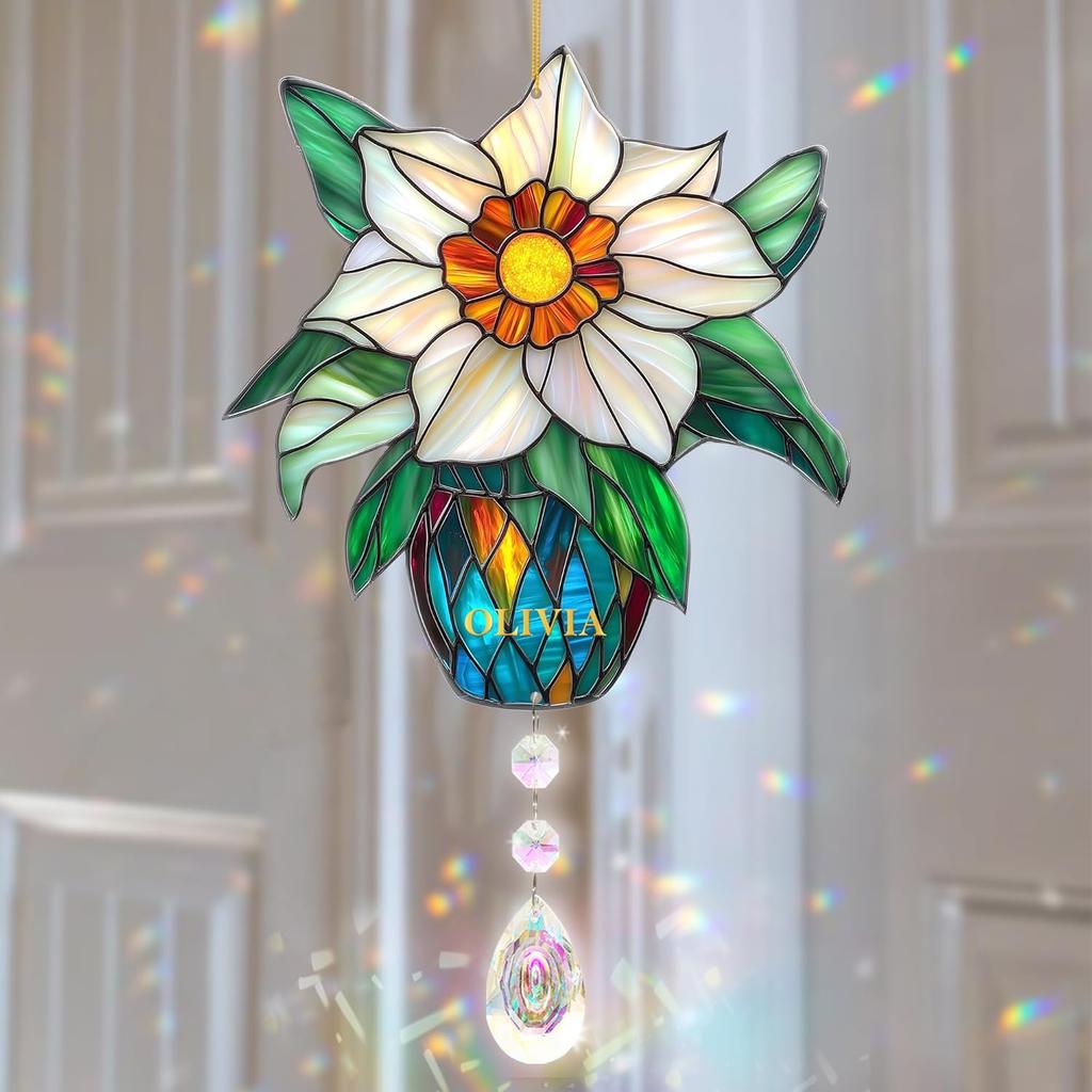 Rose Suncatcher - Birth Flower Gifts for Women, Birth Flower with Name Suncatcher Ornament with Crystal, for Mom, Grandma