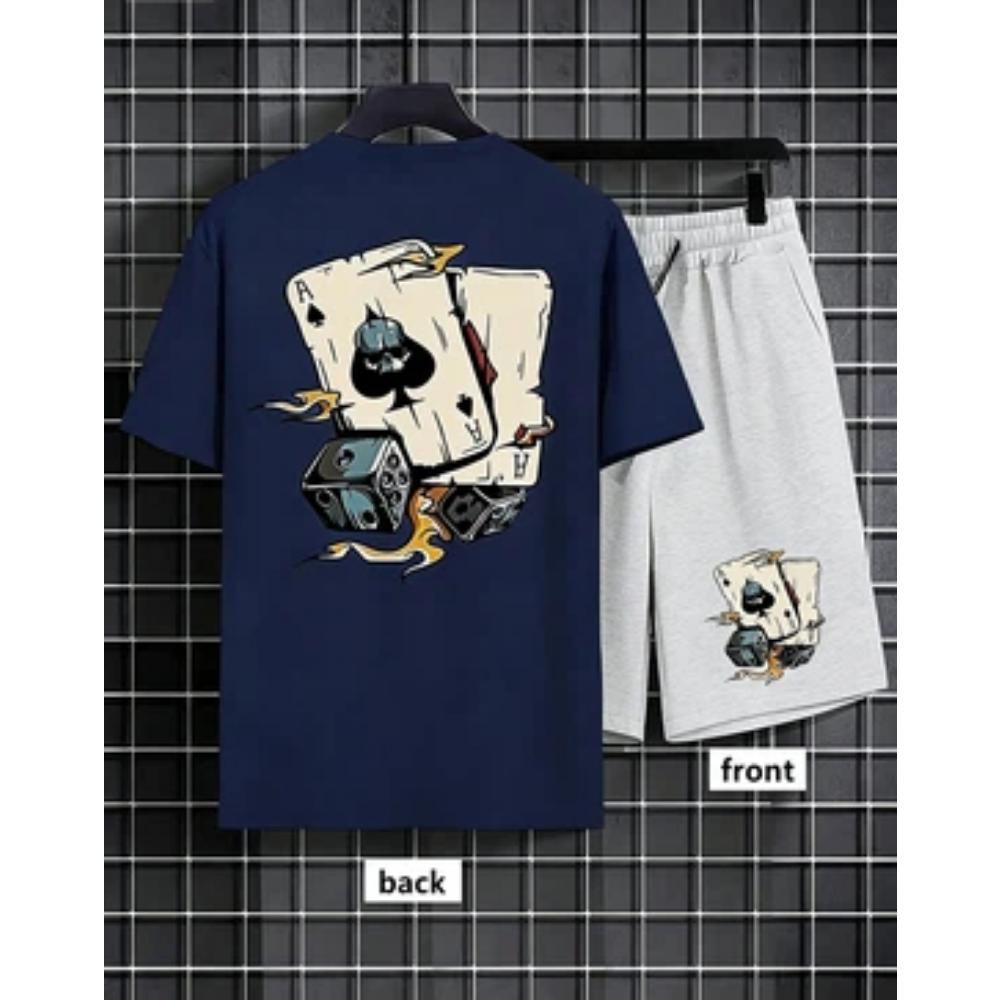 American men's summer fashion poker graffiti print comfortable breathable round neck T-shirt shorts set outdoor streetwear