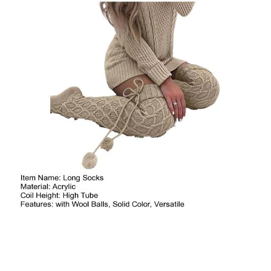 1 Pair Women Long Socks Solid Color Rhombus Texture Autumn Winter Knitting Stockings with Wool Balls Daily Wear