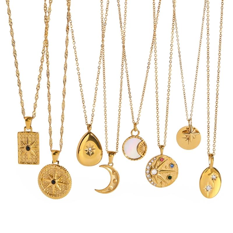 Stainless Steel Pendant Necklace Cubic Zirconia Charm Neckchain Unisex Clavicle Chain Gold Plated Waterproof Jewelry