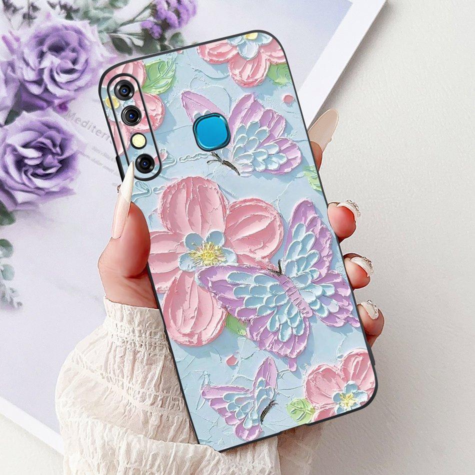 For Infinix Hot 8 Phone Case Hot 8 Lite Hot8 X650 X650C X650B X650D Elegant Floral Cat Pattern Black Silicone Soft TPU Cases