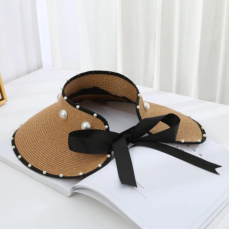 Foldable Empty Top Straw Hats For Women Summer White Imitation Pearl Beach Visor Caps UV Protction Adjustable Ribbon Sun Hat