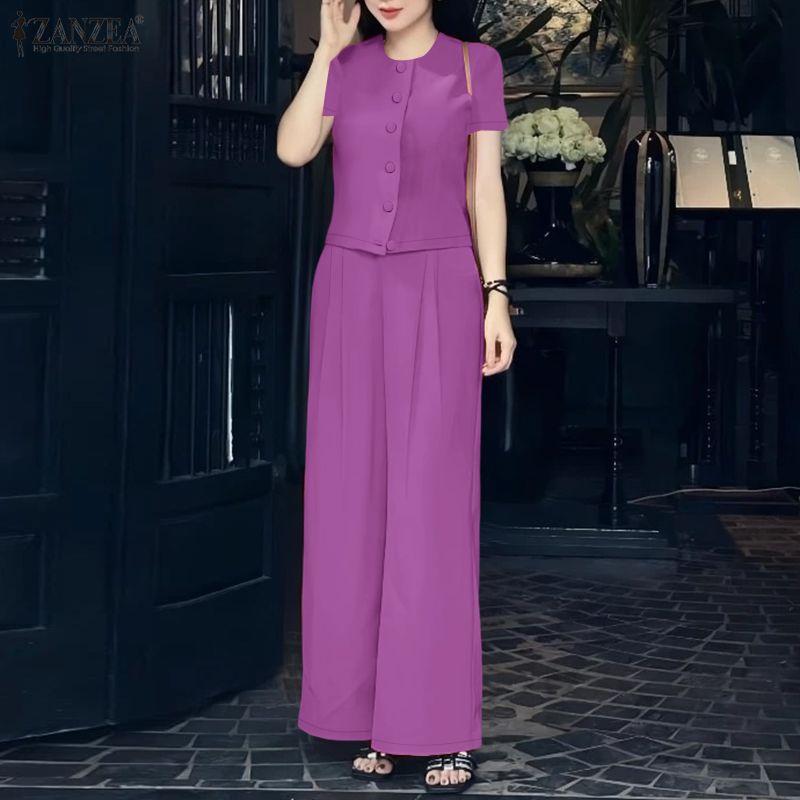 ZANZEA Damskie bluzki z krótkim rękawem i spodnie, casualowe dwuczęściowe zestawy garniturowe