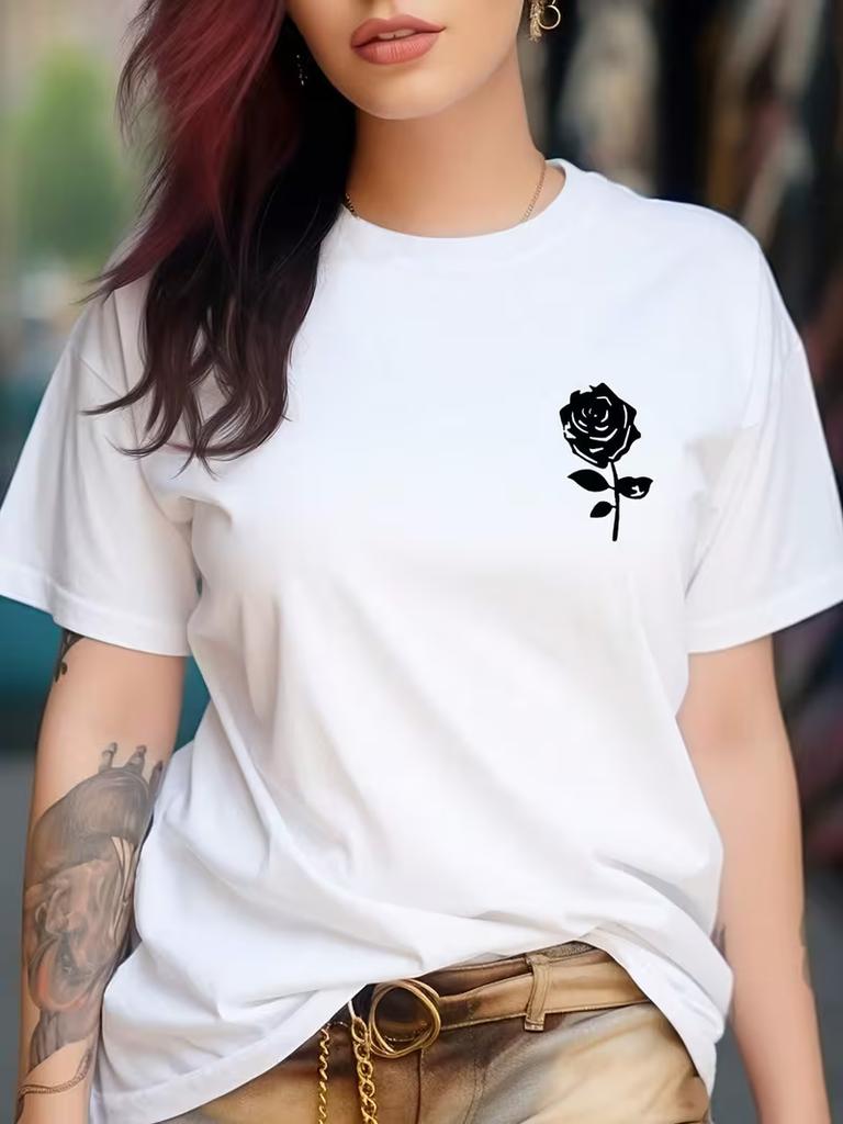 Womens Rose Floral Print Tshirt Soft Short Sleeve Casual Tee Elegant Rose Womens Tshirt for Daily Outfits and Relaxation