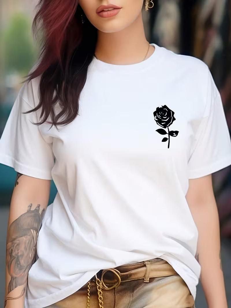 Womens Rose Floral Print Tshirt Soft Short Sleeve Casual Tee Elegant Rose Womens Tshirt for Daily Outfits and Relaxation S