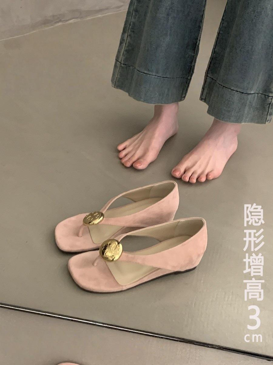 

4cm inner height increase toe sandals women s shoes 2025 new summer with skirt square head Roman shoes 35 розовый