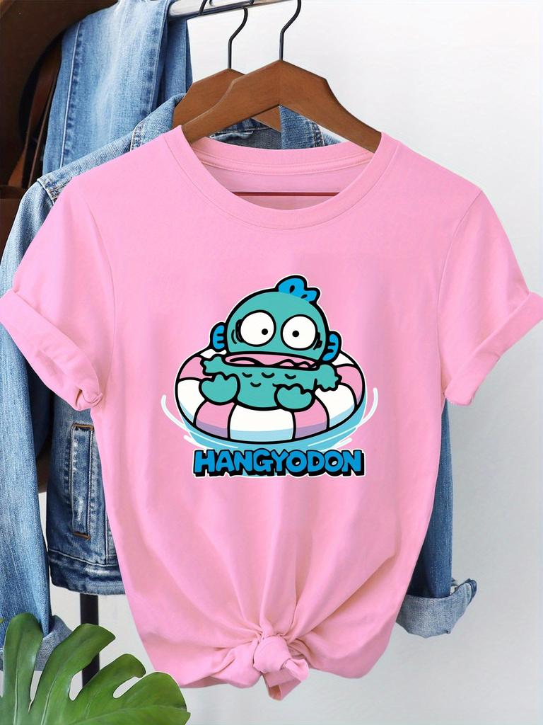 Women'S HANGYODON Graphic T-Shirt Casual Crew Neck Short Sleeve Tee with Playful Green Character Design Playful Print Trendy