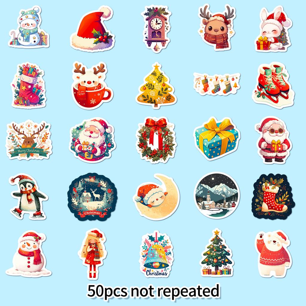 50pcs Merry Christmas and Happy New Year Stickers, Non-repetitive Cartoon Cute Characters and Animals Christmas Decorative
