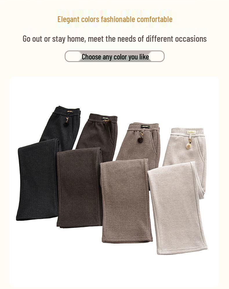 Fleece-Lined Elastic Waist High-Waist Casual Loose Fit Straight-Leg Pants for Middle-Aged and Elderly Women—Ideal for Autumn/Winter.