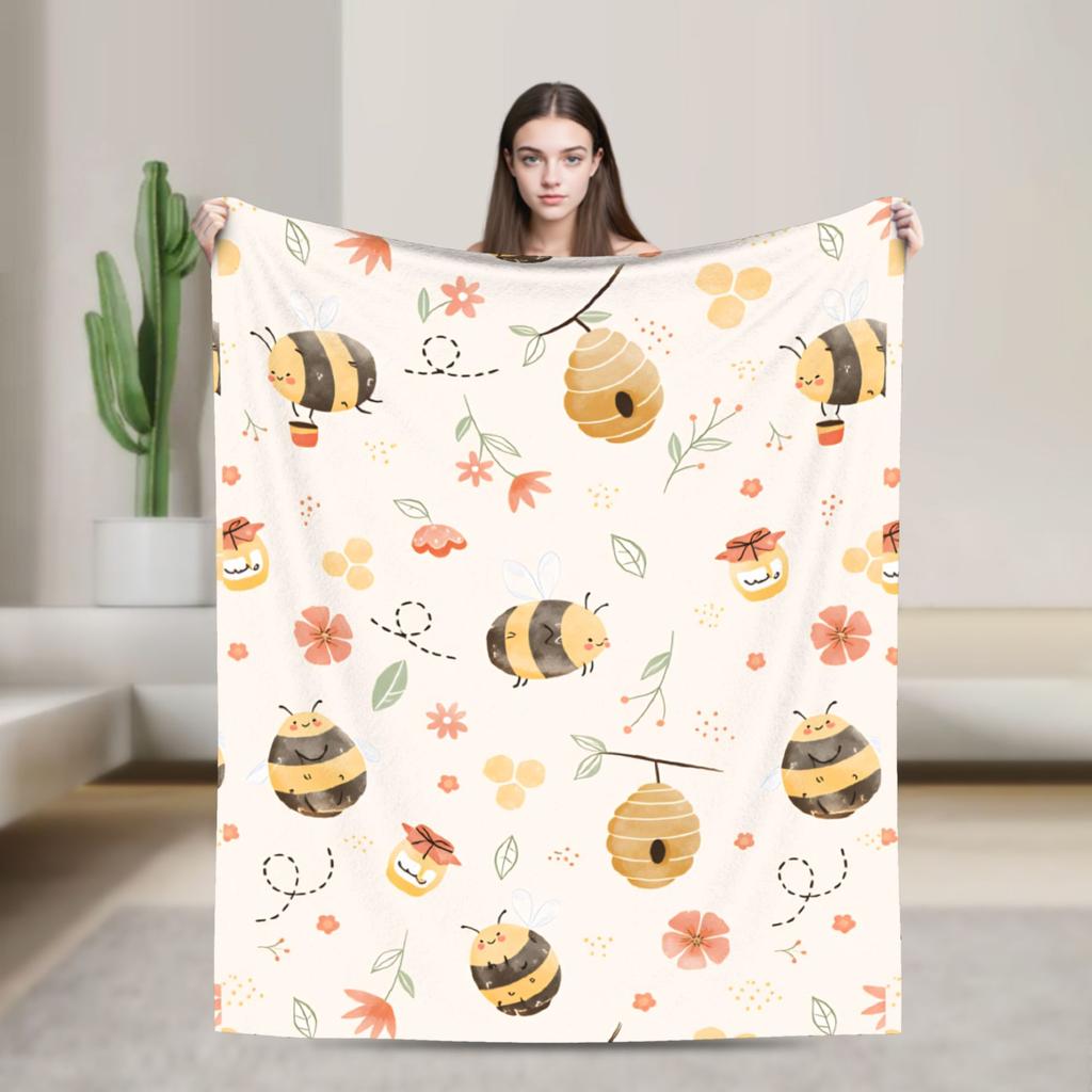 Bee in honeycomb and flowers Flannel Blankets  Soft Throw Blanket for Bedroom Camping Street Trend Bedspread Sofa Bed Cover