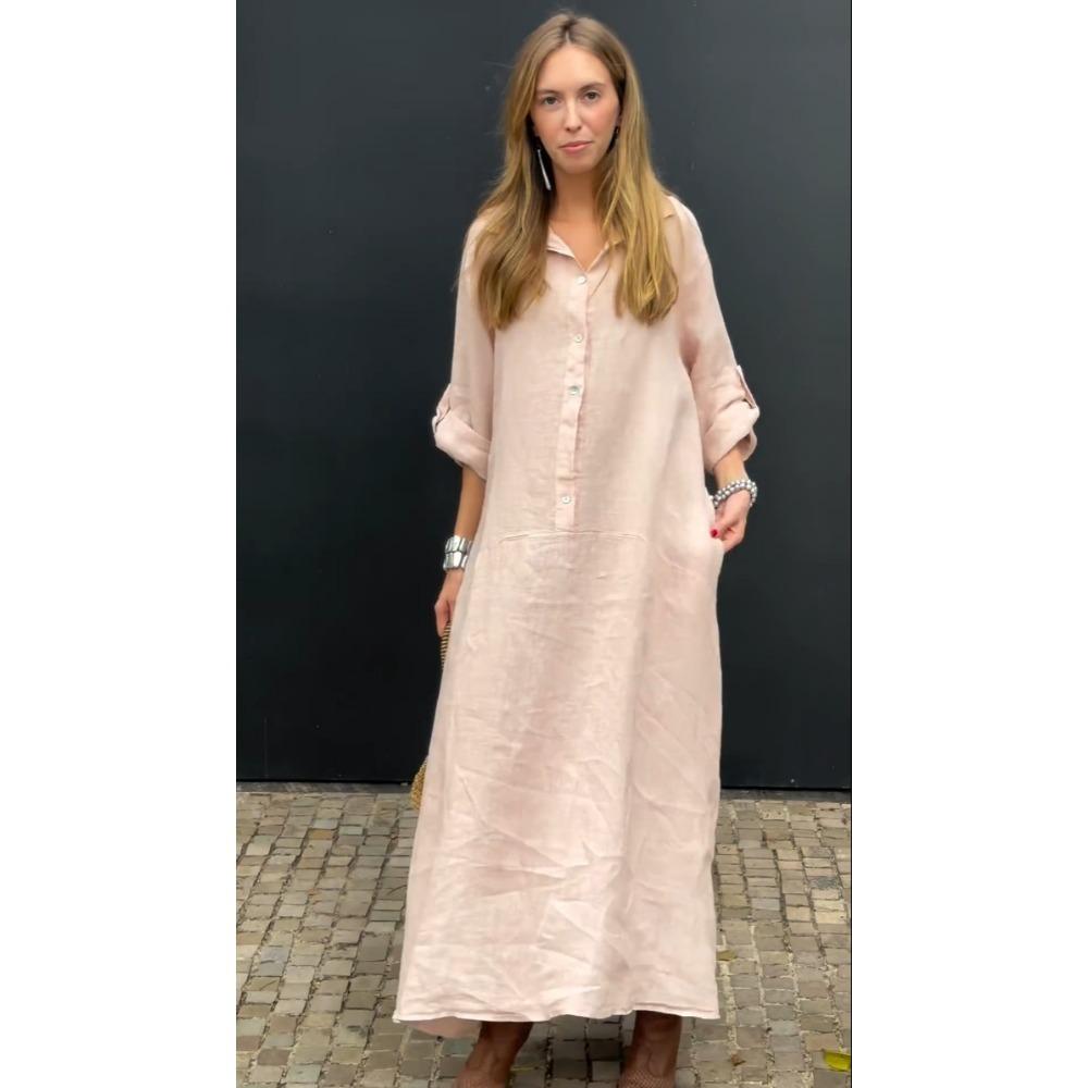 Women's Cotton Linen Turn-down Collar Solid Pullover Straight Knee Length Pockets Casual Dress