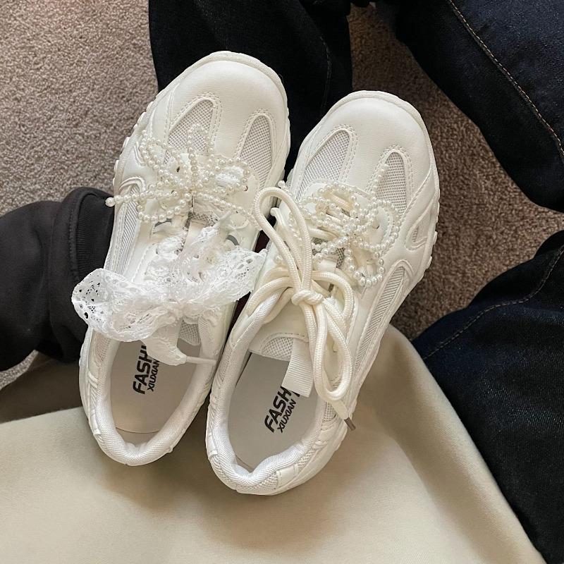 Ballet Style Lace Pearl Platform Women's Spring New Versatile Niche Retro Sports and Leisure Shoes