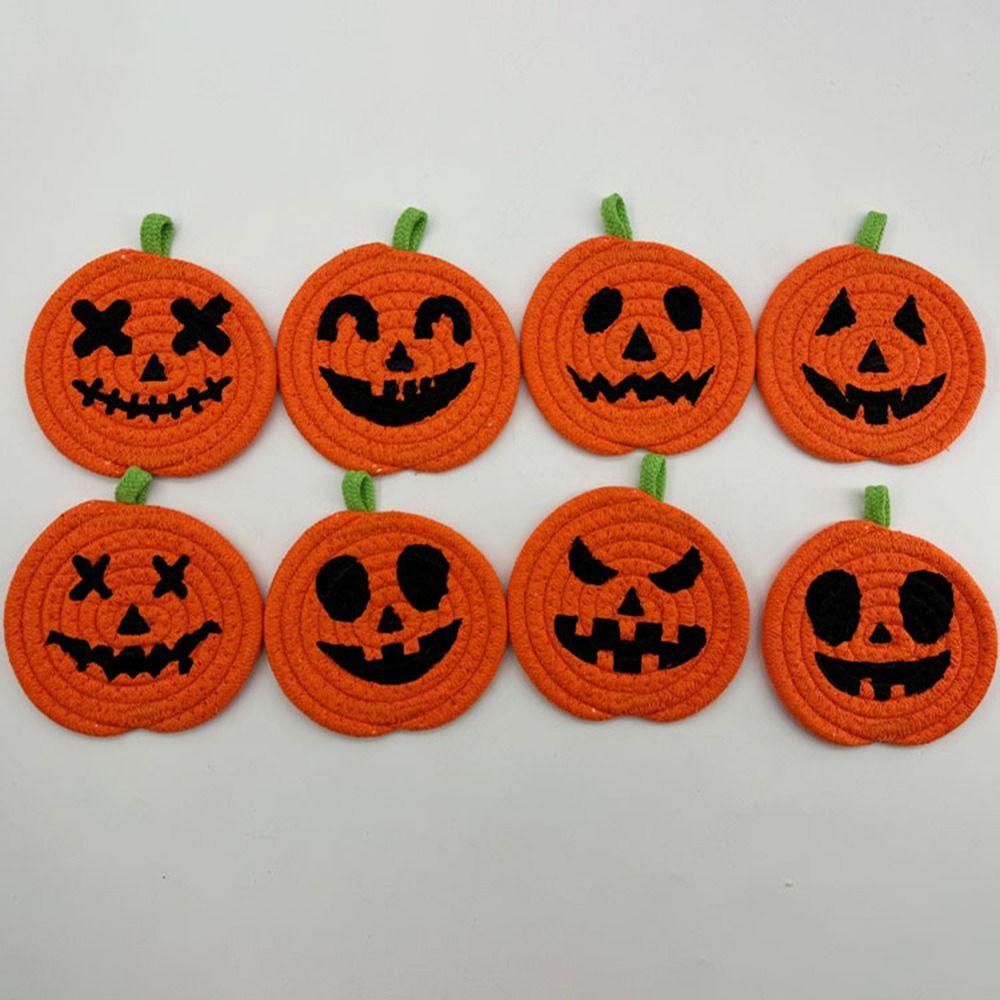 4/8Pcs Handwoven Pumpkin Shaped Coasters Creative Non-Slip Cup Mat  Halloween Decor