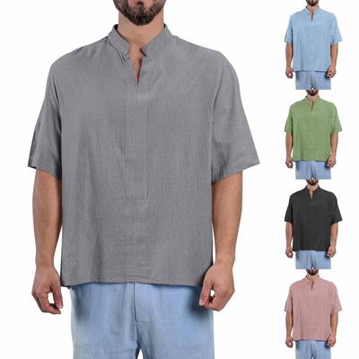 Hauts d'été pour hommes de couleur unie à col en V en coton lin à manches cinq-points Hauts de mode décontractés pour hommes