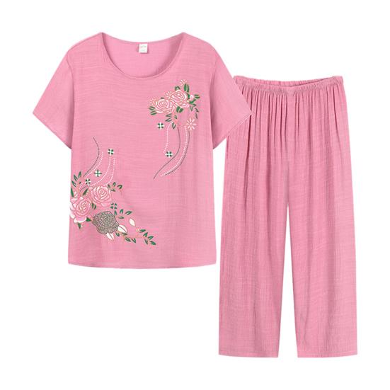 2 Pcs/Set Women Top Pants Set O Neck Flower Print Grandma Style Elastic Waists Summer Pajamas Set for Daily Wear