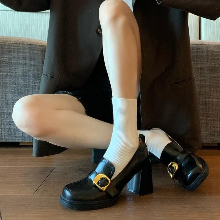 Retro square head thick heel one pedal loafers autumn 2025 new high-heeled small leather shoes women's British style shoes