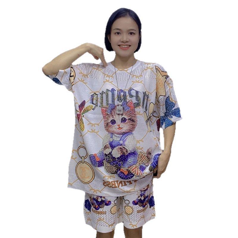 Women's Summer Cartoon Plus Size Two-Piece: Loose Knit Crew Neck Cutout Ice Silk Top & Hot Drilling Fashion Tee