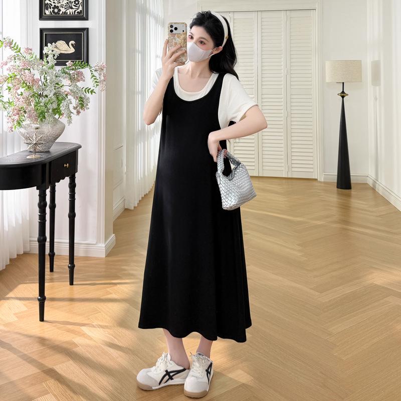 

Summer Maternity Korean Style Faux Two-Piece Dress, Loose Mid-Length Short-Sleeve with Belly-Covering Slimming Design M чорний