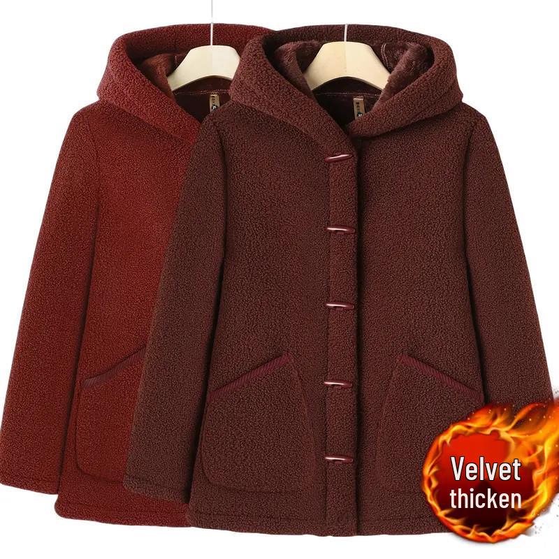 One-Piece Fashionable Winter Hooded Jacket for Middle-Aged and Elderly Women - Plus Velvet and Fleece Lined