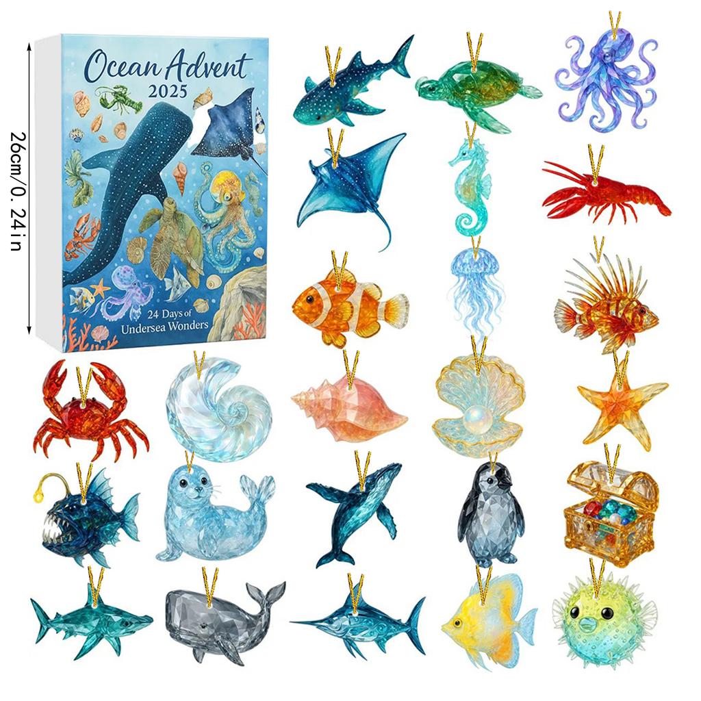 Ocean Advent 2025 24pcs 2D Flat Acrylic Ocean Animal Pendant Christmas Ocean Undersea Wonders Advent Calendar Surprise Blind Box