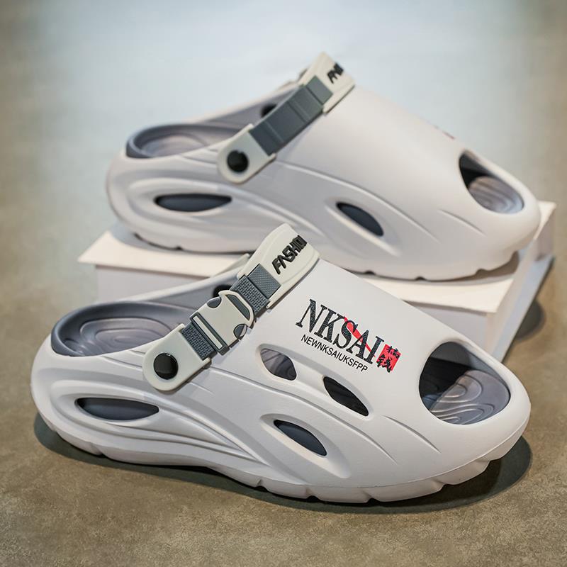 

Slippers men s 2025 new summer breathable stepping on shit feeling casual thick bottom two wear dual-purpose youth sports one-word drag 45 серый