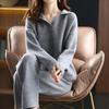 White Loose Knitted Two piece Sets Women Polo Collar Sweater Pullover Ankle Length Harem Pant