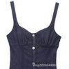 Summer New Women's Single-breasted V-neck Sleeveless Suspender Denim Midi Dress