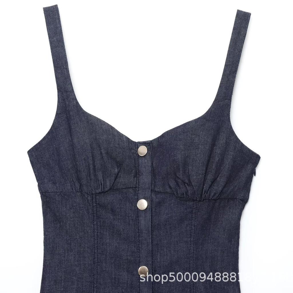 Summer New Women's Single-breasted V-neck Sleeveless Suspender Denim Midi Dress