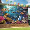 2D Aquarium Style Tapestry, Underwater World with Sea Turtle, Shark and Coral Reef Wall Art