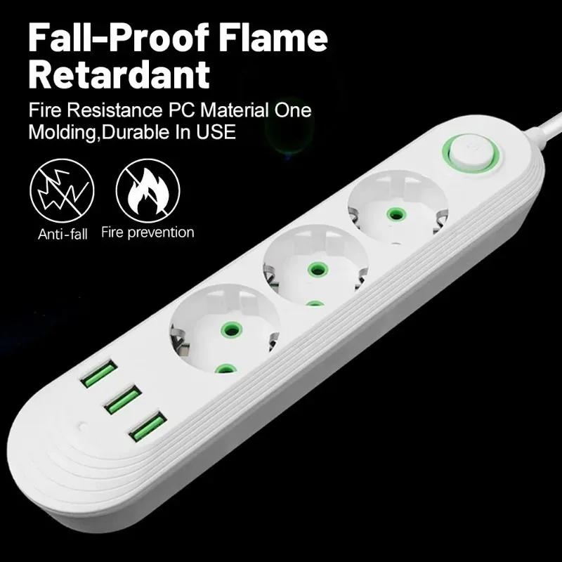 EU Plug Power Strip with 3 USB Ports 2M Cable Extension Cord Socket Network Filter Round Pin AC Outlet Electrical Charge Adapter