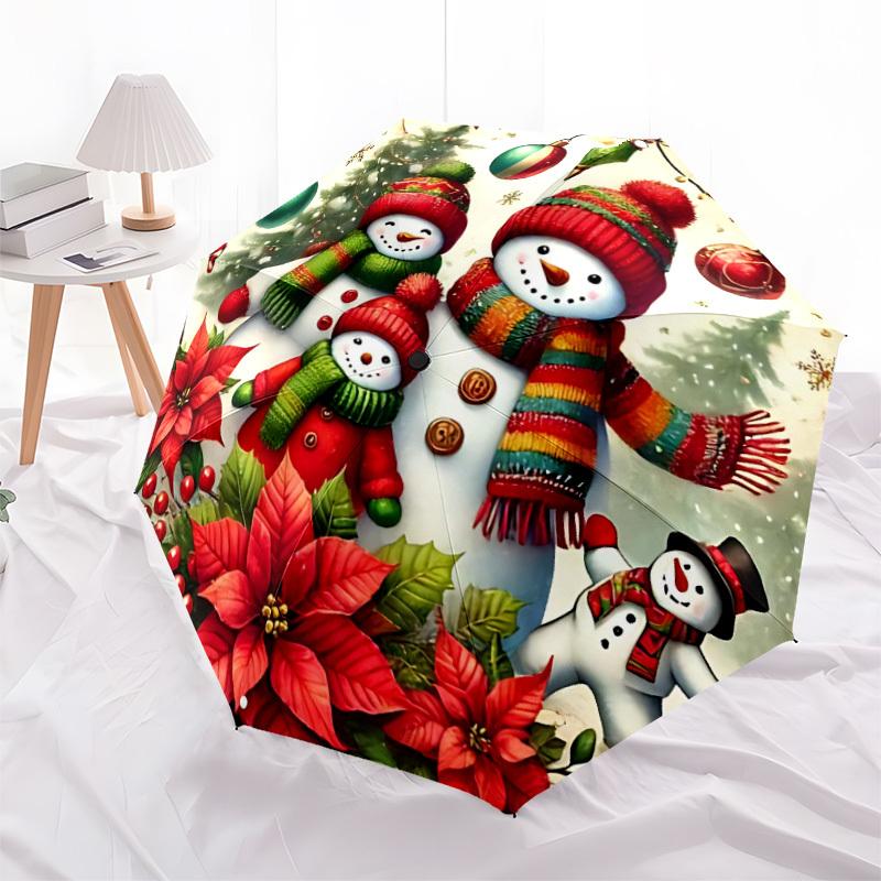 1pc Snowmen Winter Christmas Automatic Folding Umbrella - Compact 8-Rib Design, Durable Plastic & Iron, Lightweight for Outdoor Daily Use112
