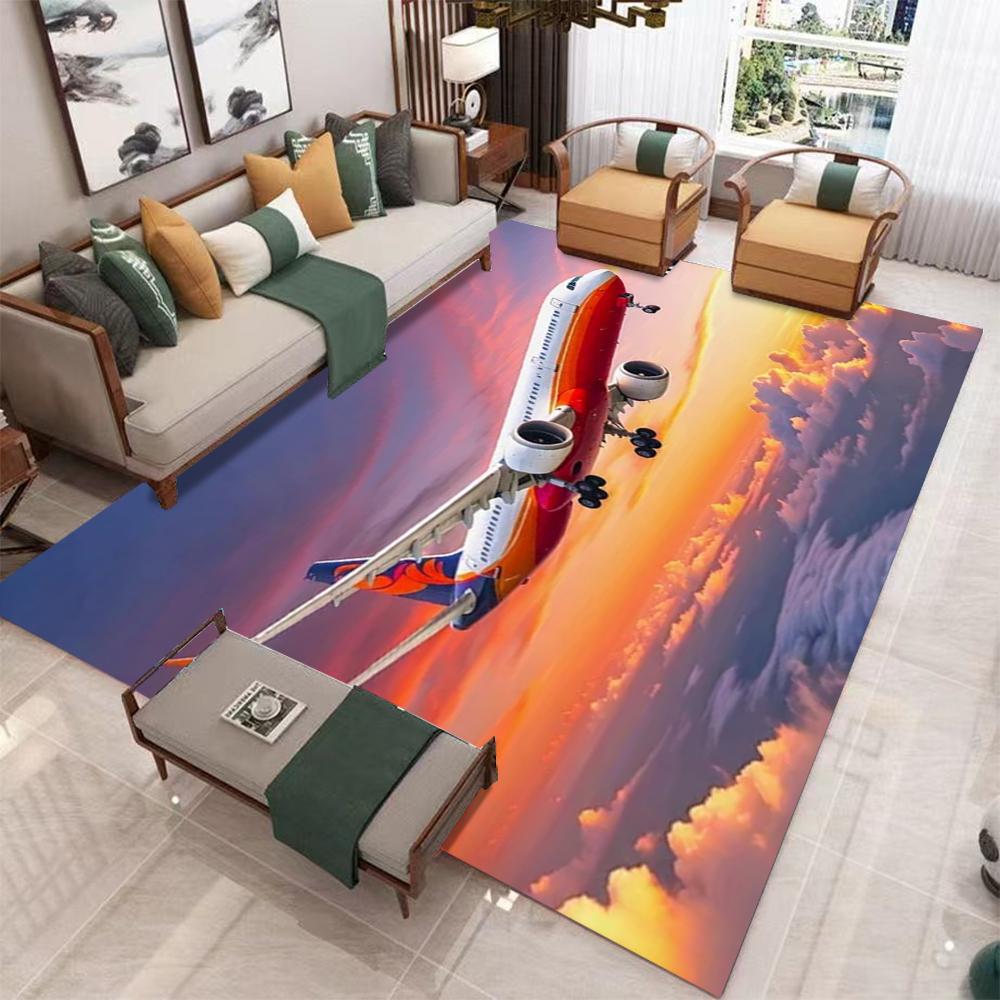 Large Airplane Take off Carpet Pink Purple Gradient Sky Clear Runway Details Living Room Area Rug Match Light Gray Home Decor