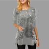 Spring Autumn Round Neck Sequins Patchwork Irregular T-shirt Women Long Sleeve Casual All-match Pullover Top