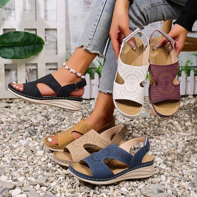 Fashion Plus Size Women Sandals Summer New Romantic Hollow Breathable Sandals Low Heel Bohemian Style Polyester Sole Shoes for Women