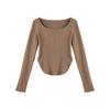 Q New Round Neck T-shirt Women Slit Bottom Circular Design Sense of The Public Bare Collarbone Slim Top Base Shirt