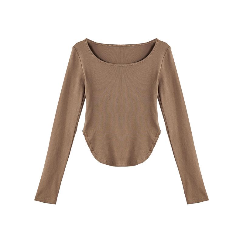 Q New Round Neck T-shirt Women Slit Bottom Circular Design Sense of The Public Bare Collarbone Slim Top Base Shirt